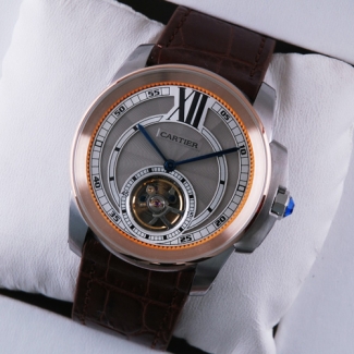 Calibre de Cartier Flying Tourbillon mens watch grey dial two-tone pink gold steel brown leather strap