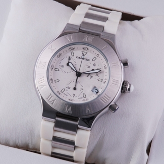 Cartier Must 21 Chronograph steel white rubber band replica watch for men