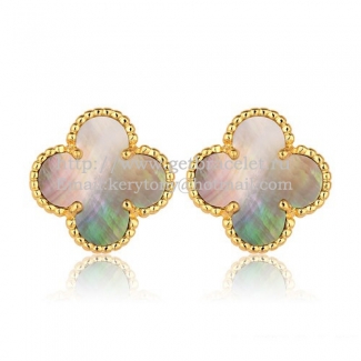 Van Cleef & Arpels Sweet Alhambra Earrings 15mm Yellow Gold With Gray Mother Of Pearl