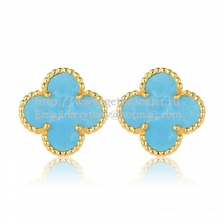 Van Cleef & Arpels Sweet Alhambra Earrings 15mm Yellow Gold With Turquoise Mother Of Pearl