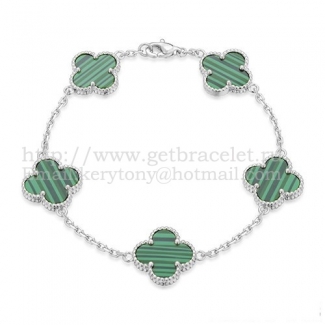 Van Cleef & Arpels Vintage Alhambra Bracelet 5 Motifs White Gold With Malachite Mother Of Pearl