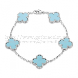 Van Cleef & Arpels Vintage Alhambra Bracelet 5 Motifs White Gold With Turquoise Mother Of Pearl