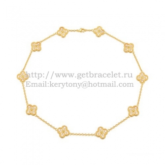 Van Cleef & Arpels Vintage Alhambra Long Necklace Yellow Gold 10 Motifs With Pave Diamonds