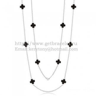 Van Cleef & Arpels Vintage Alhambra Necklace White Gold 10 Motifs With Black Agate Mother Of Pearl