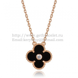 Van Cleef & Arpels Vintage Alhambra Pendant Pink Gold With Black Agate Mother Of Pearl Round Diamonds