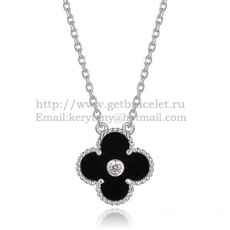 Van Cleef & Arpels Vintage Alhambra Pendant White Gold With Black Agate Mother Of Pearl Round Diamonds
