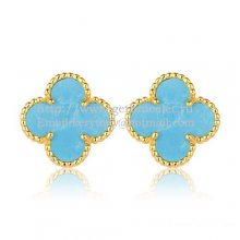 Van Cleef & Arpels Sweet Alhambra Earrings 15mm Yellow Gold With Turquoise Mother Of Pearl