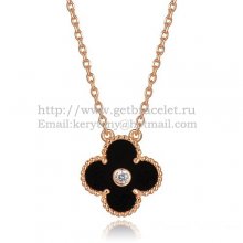 Van Cleef & Arpels Vintage Alhambra Pendant Pink Gold With Black Agate Mother Of Pearl Round Diamonds