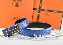 Hermes Reversible Belt Blue/Black Ostrich Stripe Leather With 18K Black Silver Width H Buckle