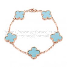 Van Cleef & Arpels Vintage Alhambra Bracelet 5 Motifs Pink Gold With Turquoise Mother Of Pearl
