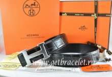 Hermes Reversible Belt Black/Black Crocodile Stripe Leather With18K Drawbench Silver H Buckle