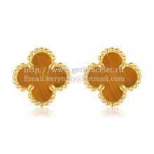 Van Cleef & Arpels Sweet Alhambra Earrings 9mm Yellow Gold With Tiger's Eye Mother Of Pearl
